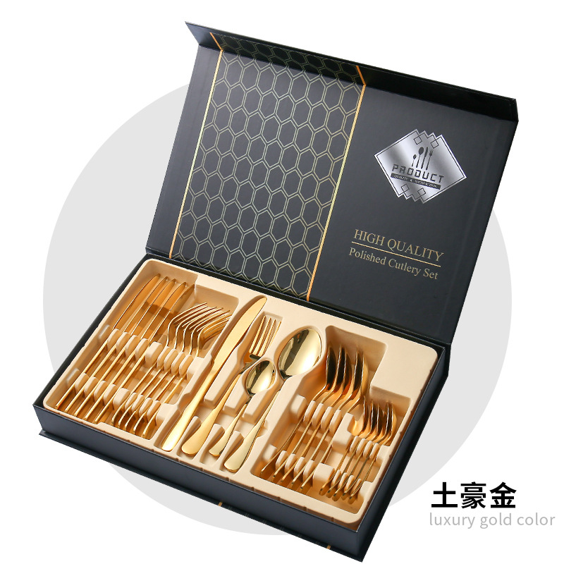 uego de cubiertos de acero inoxidable 24 piezas – Cuchillo, tenedor y cuchara con caja de regalo (Amazon Cross-border 1010)