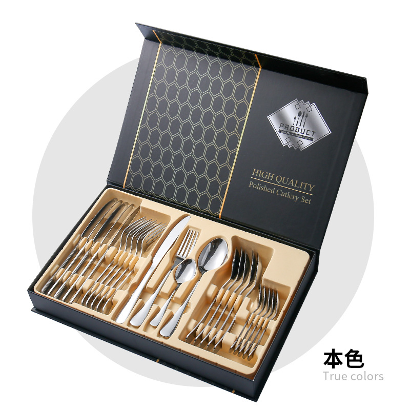uego de cubiertos de acero inoxidable 24 piezas – Cuchillo, tenedor y cuchara con caja de regalo (Amazon Cross-border 1010)