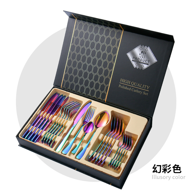 uego de cubiertos de acero inoxidable 24 piezas – Cuchillo, tenedor y cuchara con caja de regalo (Amazon Cross-border 1010)