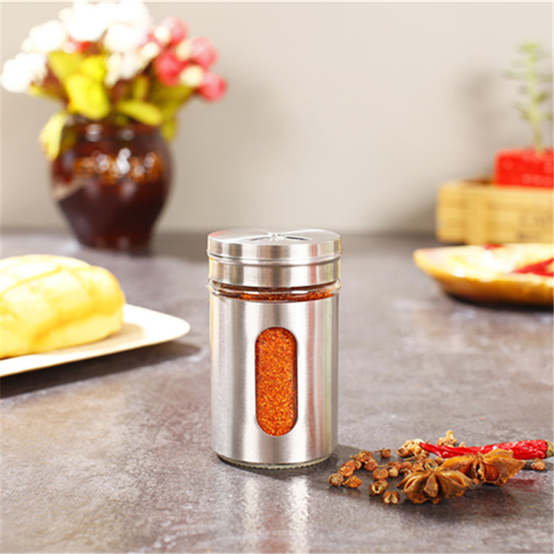 Cocina de acero inoxidable tarro de condimento botella de pimienta tamaño ajustable botella de condimento de vidrio tarro de condimento botella de condimento de acero inoxidable