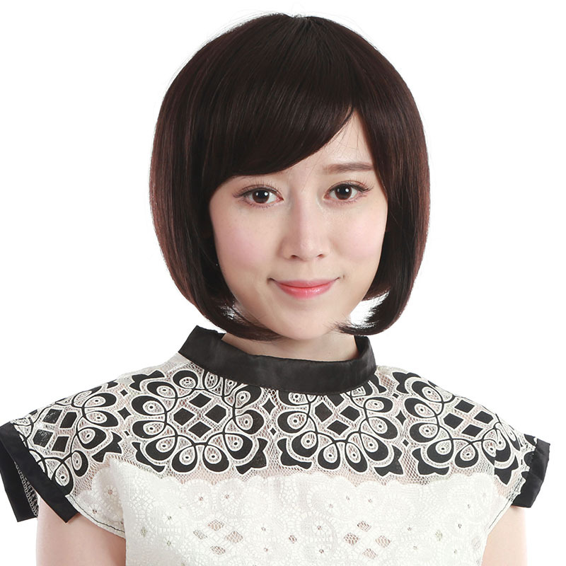 Full Real Hair Women's Wig Headgear Fashion BOBO Head Medium and Short Straight Hair with Bangs Bobo Hair Cover for Hair