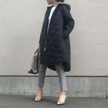 现货日系20201冬季新街女装长袖连帽拉链中长款保暖棉服冬女