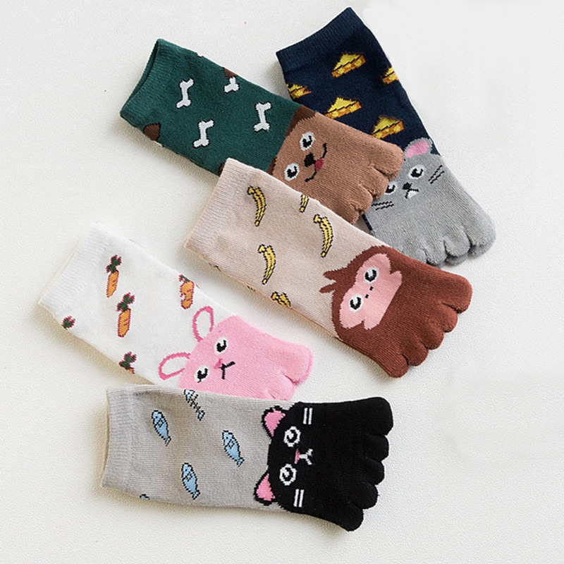 Spring, Autumn and Winter Children's Solid Color Cotton Five-Toe Socks, Mid-Tube, All-Season, Fashionable, Cartoon Cute, Prevent Toe Valgus Socks, Ages 4-12