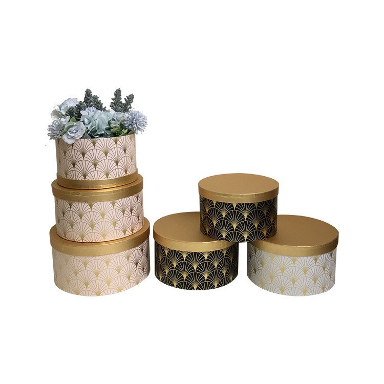 圆形新迷你烫金羽毛扇形纯色印刷鲜花礼品盒纸质手捧抱抱桶插花盒