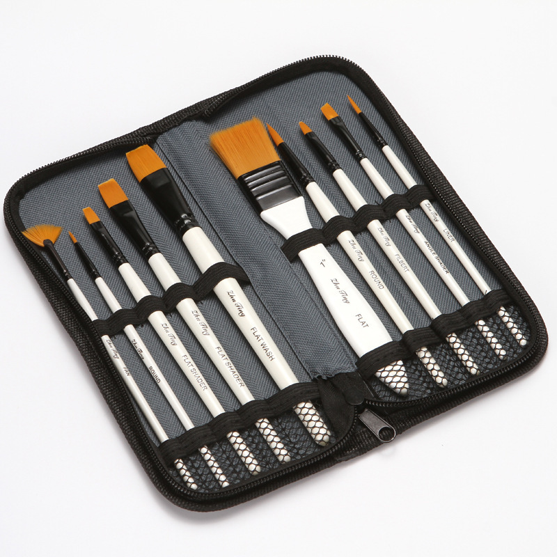 Suministro directo de fábrica 10 nylon lana acuarela cepillo con tablero cepillo bolsa de tela cepillo traje pintura suministros al por mayor
