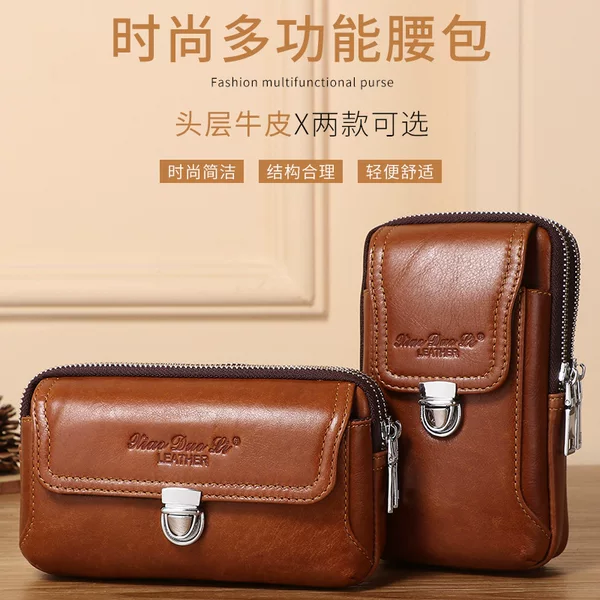 New men's leather mobile phone bag 5.5/6.5 inch first layer leather mobile phone waist bag wear belt multifunctional hanging bag