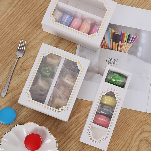 5 pieces/10 pieces transparent window macaron packaging box with gold edge and hot stamping white cardboard box baking biscuit and pastry box