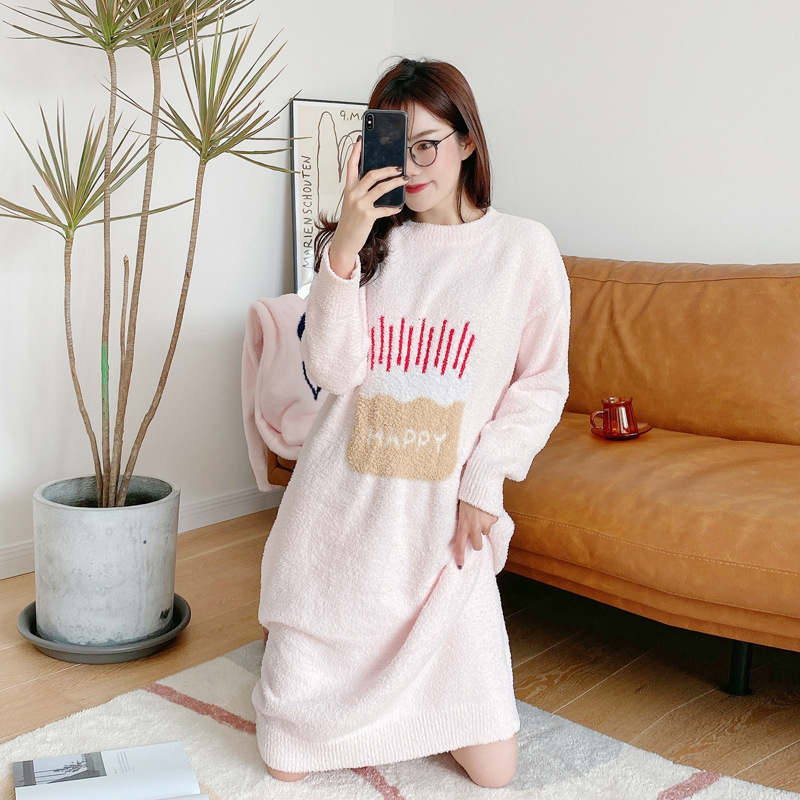 Cake Soft Nightgown Women's Autumn and Winter Long Thickened Coral Fleece Long Sleeve Cute Sweet Pajamas Loose Home Clothes