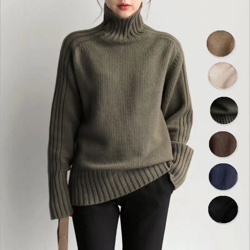 Foreign Trade Korean Chic French Style 2025 Autumn and Winter Clothing Simple Loose Slimming Knitted Top Ribbed Turtleneck Sweater for Women