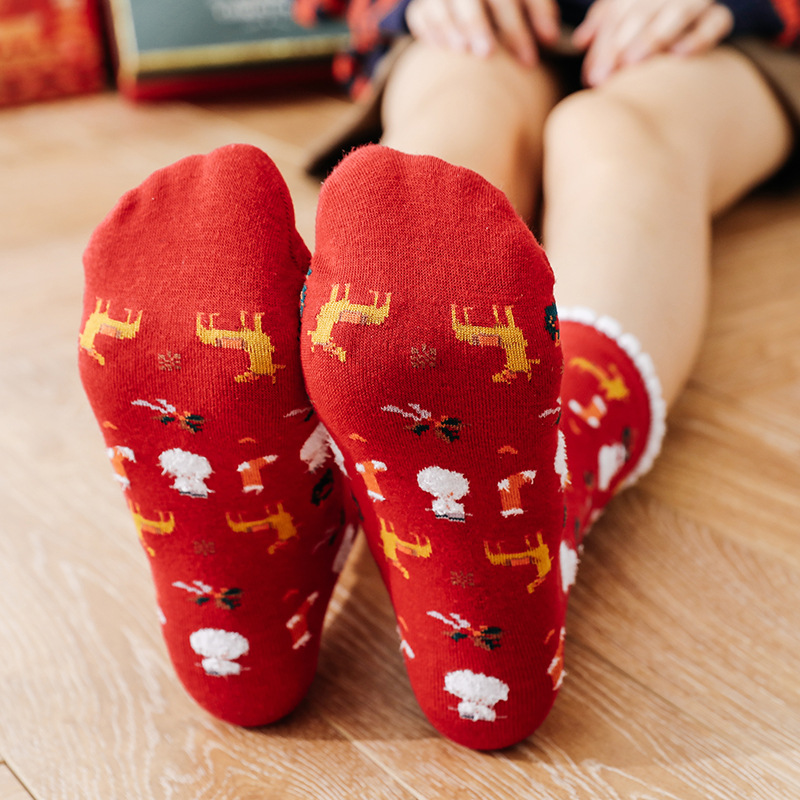 Christmas men and women, cotton socks for couples, medium tube thickened coral velvet floor socks, cartoon_voghion.com