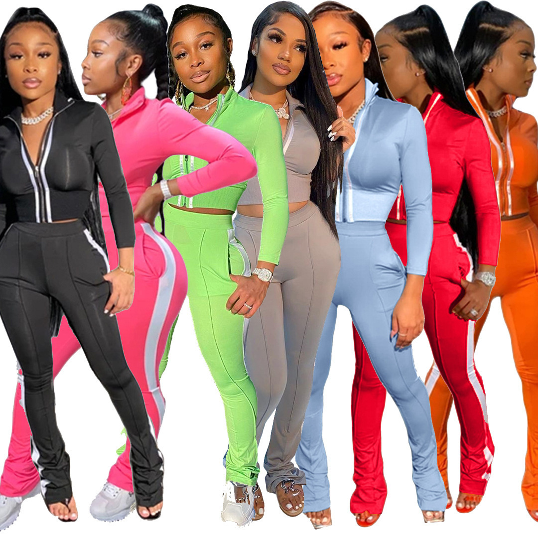 9643 # 2020 Amazon Independent Station European and American Clothing Pure Color Stitching Fashionable Sports and Leisure Two-Piece Set