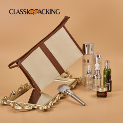 品質細紋帆布洗漱包拉鏈手提化妝品收納包男女pu皮拼接旅行化妝包