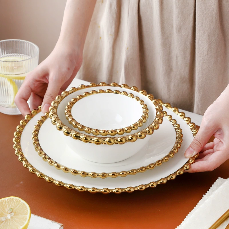 Легкая роскошь Fengfeng Pearl Pearl Point Ceramic Bowl Display Tableware Home Western Camer Drive Drot Fruit Salad Bowl Steel Bowl