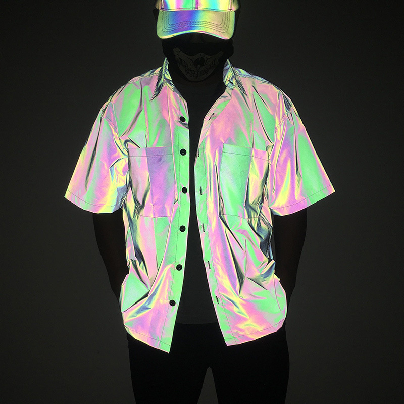 European and American Cross-border New Colorful Shirt Reflective Short-sleeved Shirt National Fashion Men's Hip-hop Seven-color Luminous Fashion Clothing European and American Cross-border New Colorful Shirt Reflective Short-sleeved Shirt National Fashion Men's Hip-hop Seven-color Luminous Fashion Clothing