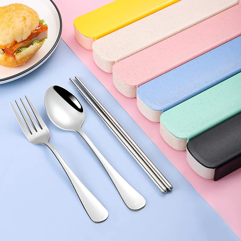 304不锈钢餐具三件套便携盒筷子勺子叉子学生上班族旅游礼品套装