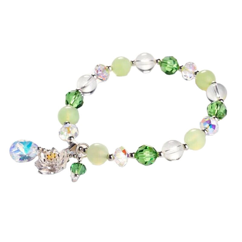 Austrian Crystal with Natural Green Grape Stone, Agate, White Crystal, Amethyst, Aquamarine Bracelet with 925 Silver Small Flowers