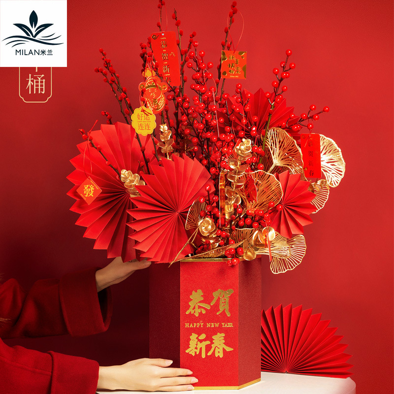Ventilador plegable floral ventilador de papel material de embalaje de flores Año Nuevo bendición barril Decoración Accesorios apertura cesta de flores Bouquet decoración bendición ventilador
