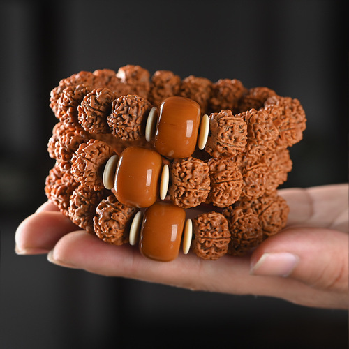 Nepalese Tibetan-style five-petaled Dharani Vajra Bodhi with yellow skin, combined with honey amber bracelet, street vendor supply, dropshipping one piece