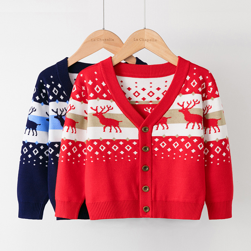 Chaqueta de suéter para niños directa de fábrica Primavera y otoño nueva capa de niñas transfronterizas ciervos de punto cardigan ropa para niños