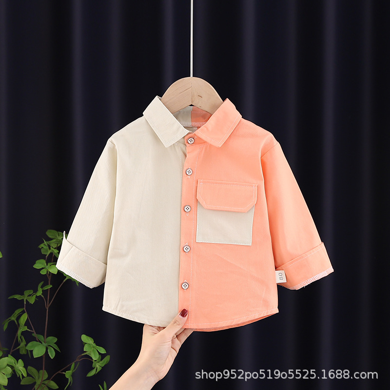 Camisa de los muchachos color a juego otoño nueva costura camisa de los niños bebé camisa a cuadros bebé estilo occidental manga larga ropa de moda