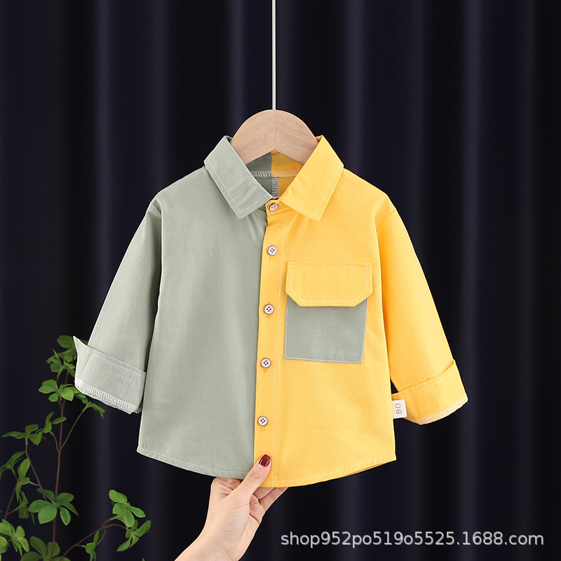 Camisa de los muchachos color a juego otoño nueva costura camisa de los niños bebé camisa a cuadros bebé estilo occidental manga larga ropa de moda