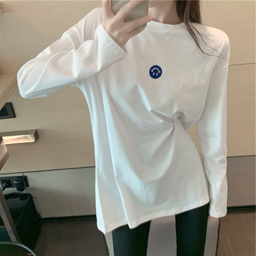 2023 new autumn Korean style loose embroidered white long-sleeved T-shirt for female students with bottoming shirt top ins trend