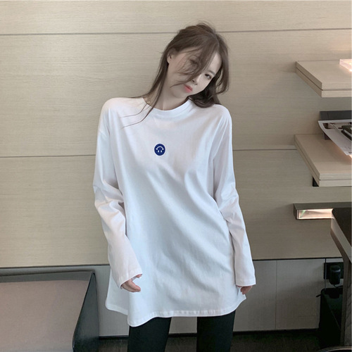 2023 new autumn Korean style loose embroidered white long-sleeved T-shirt for female students with bottoming shirt top ins trend