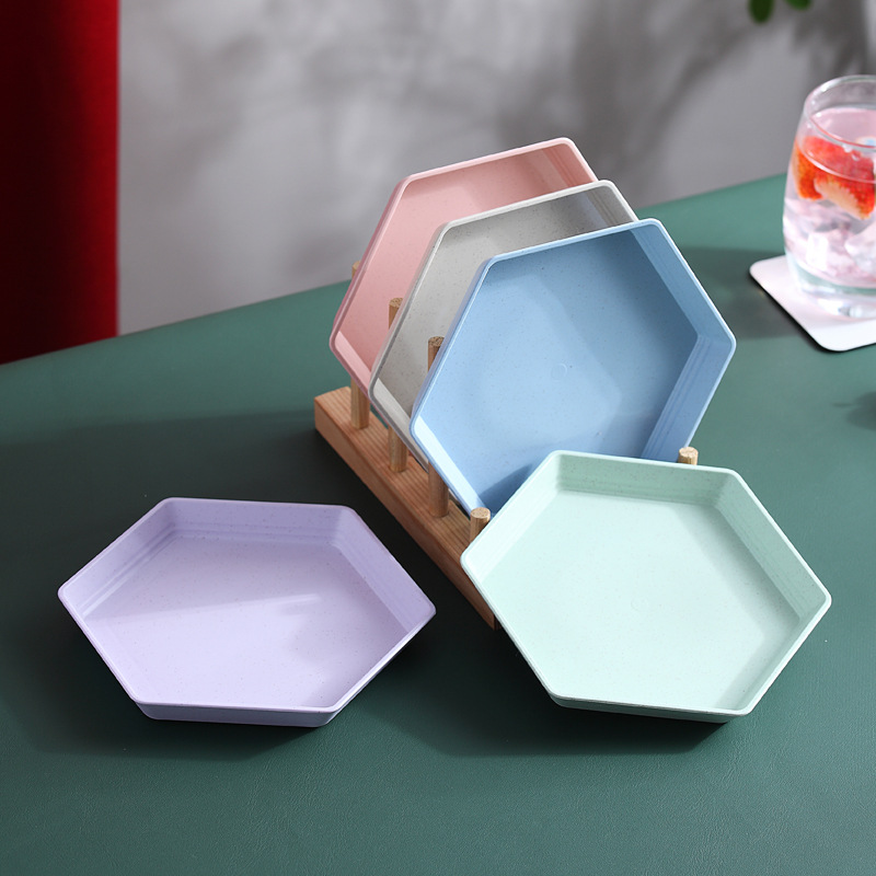 15cm hexagonal plato de paja de trigo pastel creativo plato de postre engrosada espesado resistente a las gotas plato de hueso plato doméstico