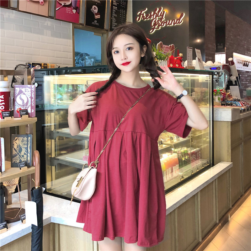 Maternity Dress, Summer Short-Sleeve Midi Korean-Style Loose-Fit Plus-Size Crew-Neck Doll Dress – Maternity Skirt for Summer