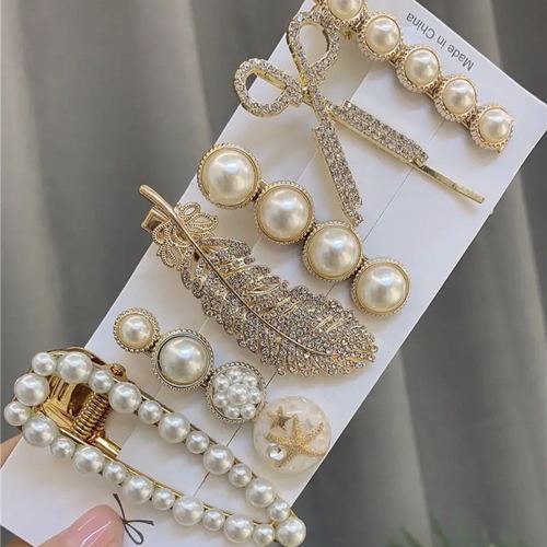 South Korea's Dongdaemun feather hairpin 6-piece set of scissors pearl alloy hairpin internet celebrity one-word clip grabber duckbill clip