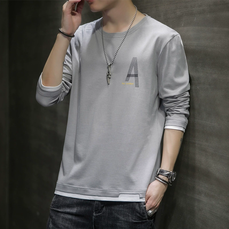 Весна и лето 2024, новая мужская футболка с длинными рукавами из искусственных двух частей, свободная модная верхняя одежда с круглым вырезом для мальчиков, нижняя рубашка