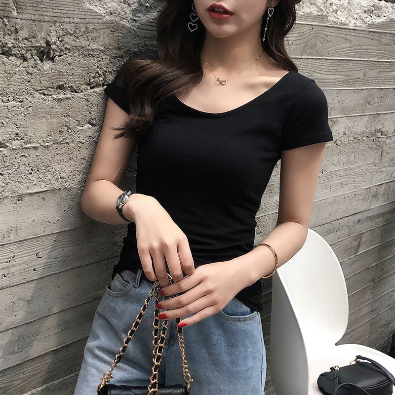 2023 Solid Color Slim Short Sleeve T-Shirt New Version Summer Backless Cross Top White Women's Trend 009