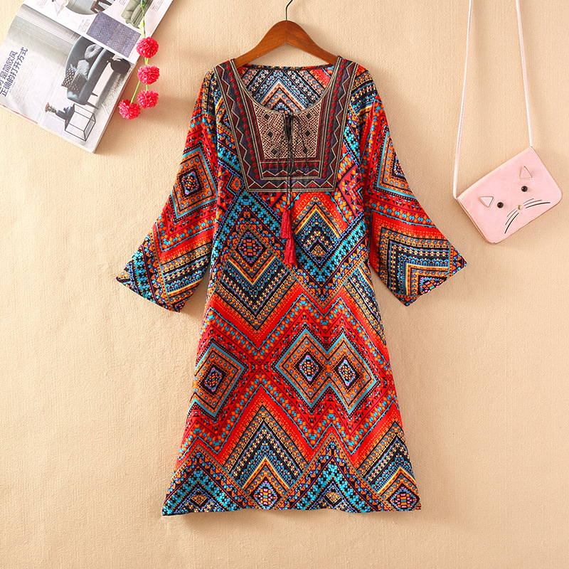 タイ風Aラインコットンワンピース、夏向け、クロスボーダーコットンシルクワンピース、アーティスティックレトロエスニック風婦人服