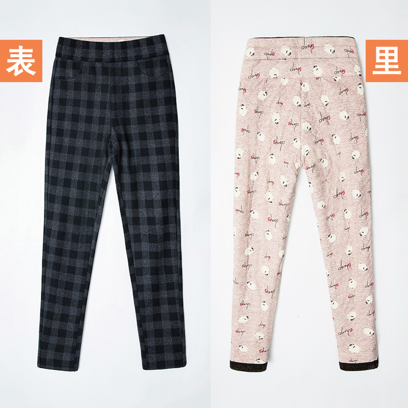 加绒加厚休闲格子羊毛裤女2025年冬季新款高腰保暖弹力松紧腰长裤|undefined
