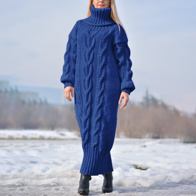 Transfronterizo europeo y americano otoño e invierno nuevo color sólido jersey de cuello alto retorcido suéter de punto suelto temperamento suéter vestido de viajero