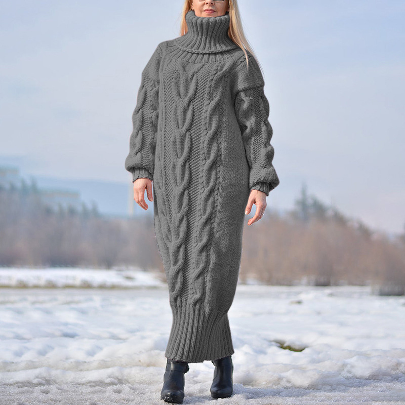 Transfronterizo europeo y americano otoño e invierno nuevo color sólido jersey de cuello alto retorcido suéter de punto suelto temperamento suéter vestido de viajero