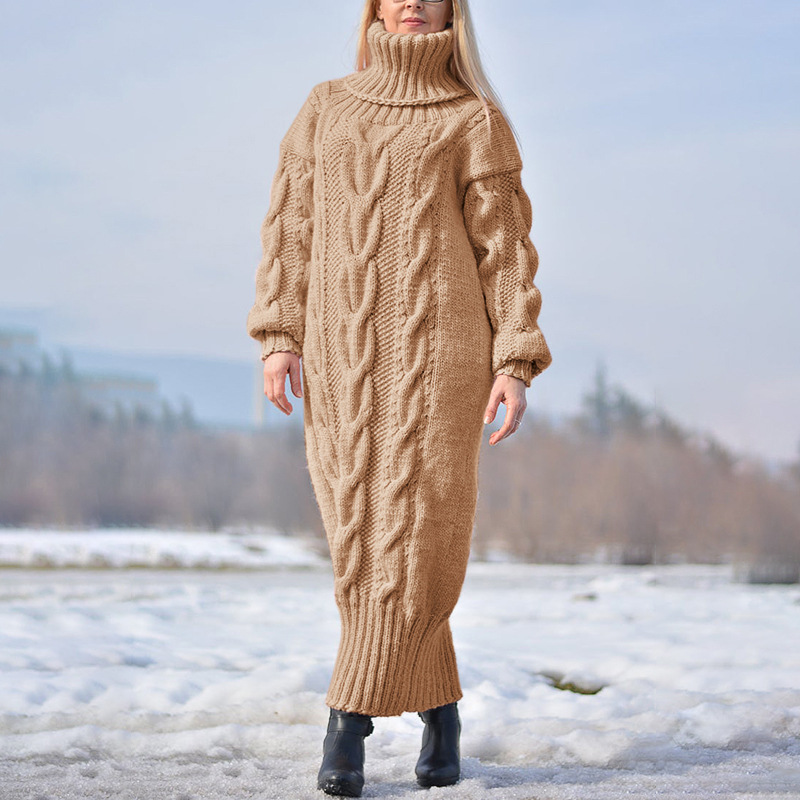 Transfronterizo europeo y americano otoño e invierno nuevo color sólido jersey de cuello alto retorcido suéter de punto suelto temperamento suéter vestido de viajero