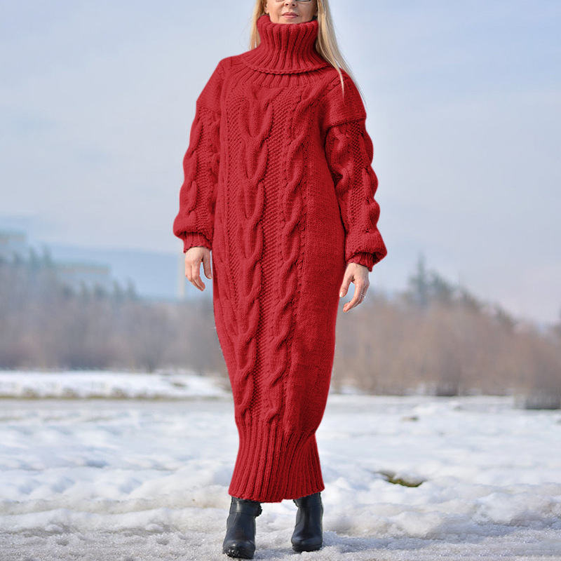 Transfronterizo europeo y americano otoño e invierno nuevo color sólido jersey de cuello alto retorcido suéter de punto suelto temperamento suéter vestido de viajero