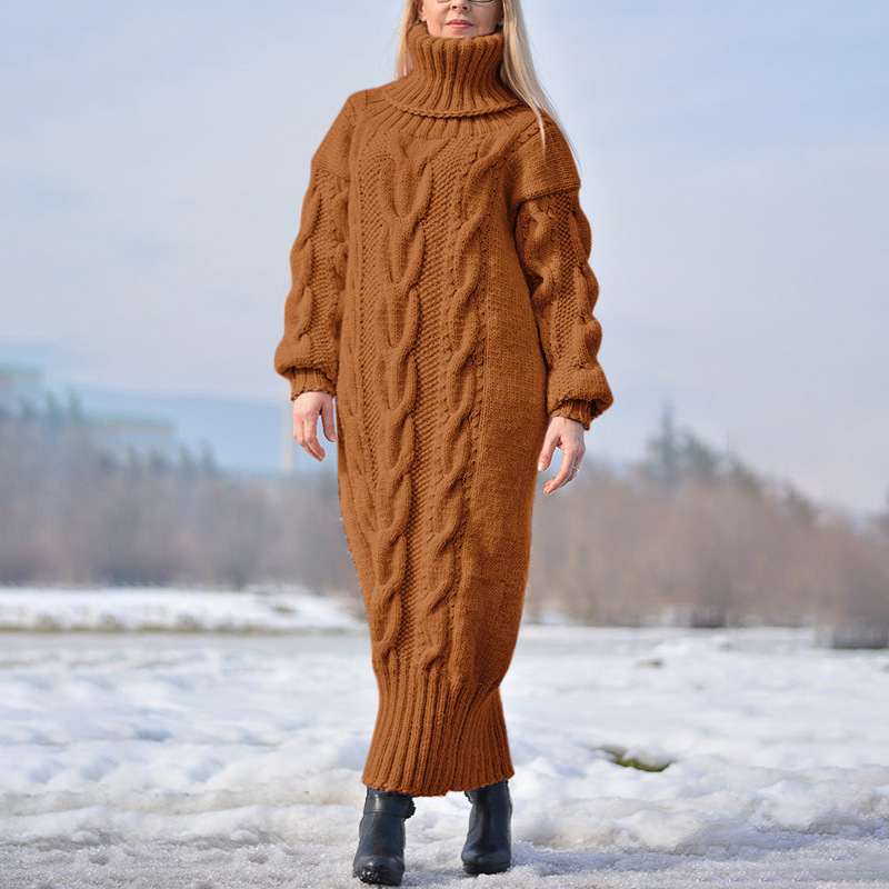 Transfronterizo europeo y americano otoño e invierno nuevo color sólido jersey de cuello alto retorcido suéter de punto suelto temperamento suéter vestido de viajero