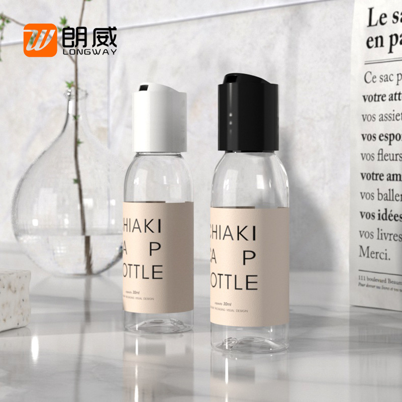 Langwei 30ml hombro redondo transparente PET sub-embalaje pequeña botella cosmética portátil puro Rocío plástico presionando mil otoño cubierta botella