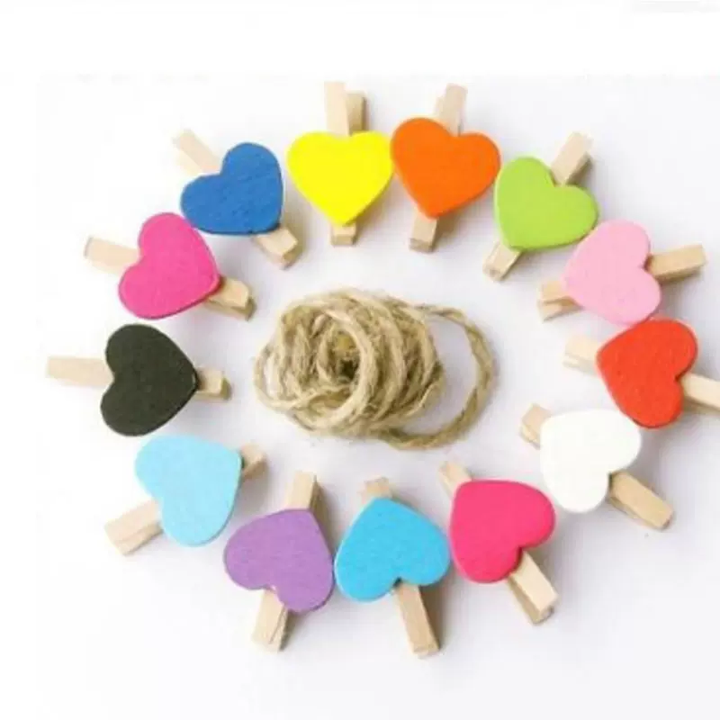 50只装3cm彩色爱心木夹子照片夹子情人节装饰相片夹子送麻绳图钉