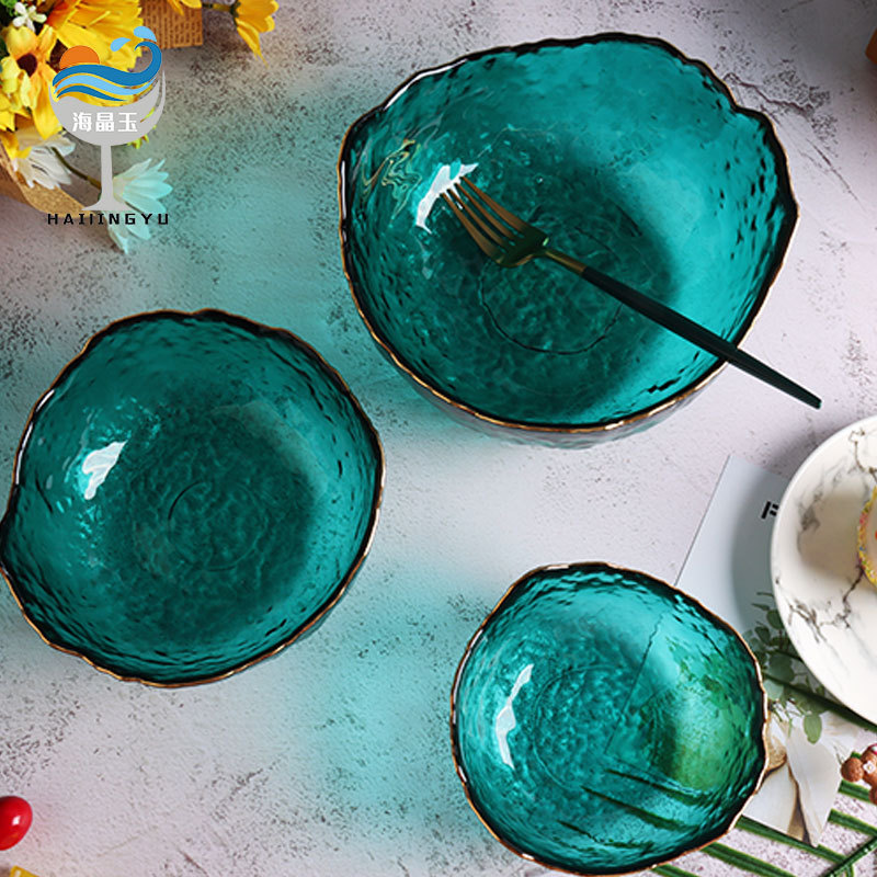 Haijing Jade vajilla ins estilo dorado borde martillo patrón hogar ensaladera de vidrio estilo japonés sala de estar creativa plato de fruta transparente