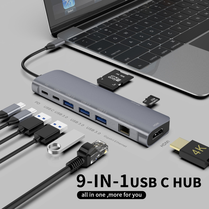 Type-c hub nine-in-one Multi-function hub Gigabit Nic HD card reader USB-C expansion dock