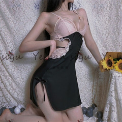 夜伴私語秋冬新款性感深v仿真絲拼接蕾絲宮廷風吊帶睡裙家居服