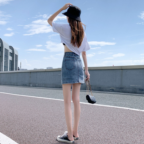 2024 Spring Stretch Denim Skirt Women's High Waist Anti-exposure A-Line Short Skirt Slit Hip Cover Skirt