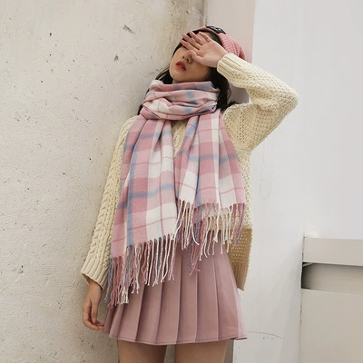 Double-Sided Faux Fur Scarf, 200×60 cm, Long Warm Soft Korean Style Plaid