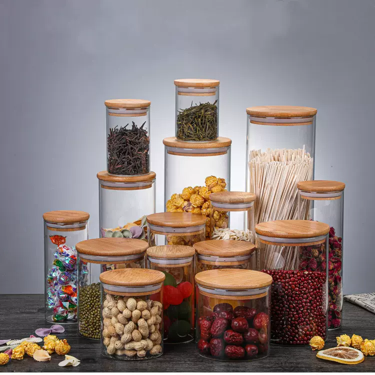 厂家批发高硼硅玻璃密封罐跨境竹盖茶叶罐透明玻璃储物罐 糖果罐