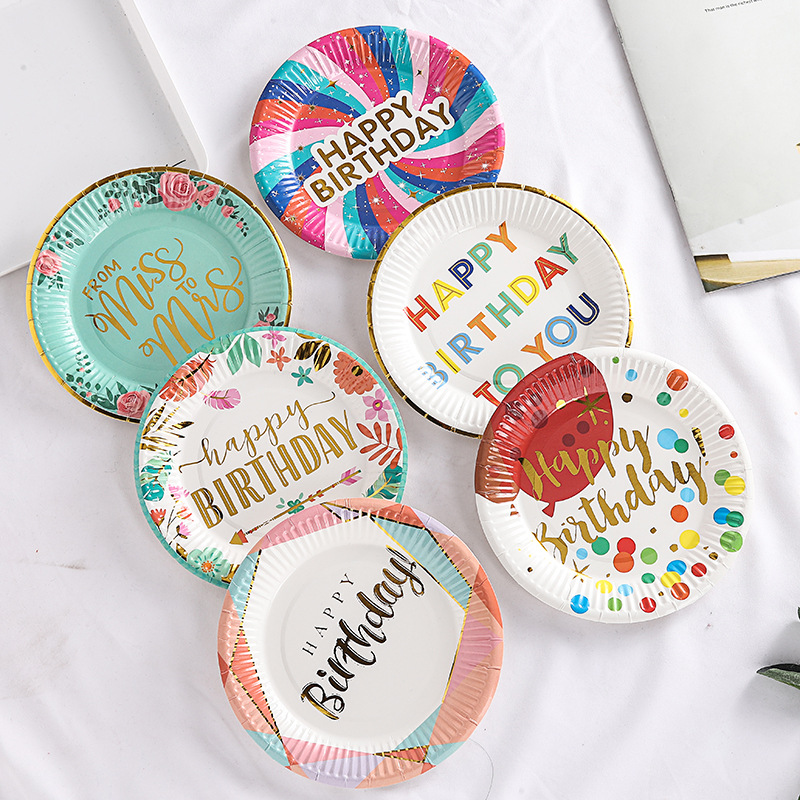 Cross-border New 7-inch Color Tray Printing Bronzing Birthday Party Supplies Disposable Tray Color Tray