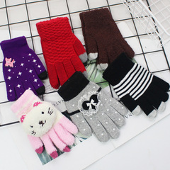 手套女冬季加絨加厚韓版防寒可愛騎行觸屏保暖毛線針織手套批發