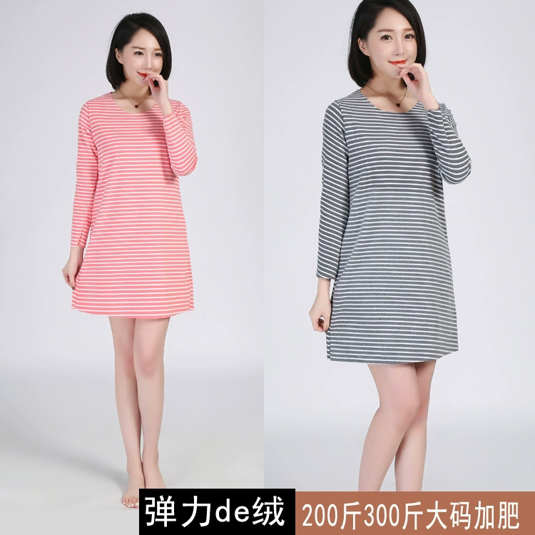 Fat M200 кг плюс размер теплое нижнее платье-футболка двустороннее бархатное Полосатое платье с длинными рукавами и длинными рукавами